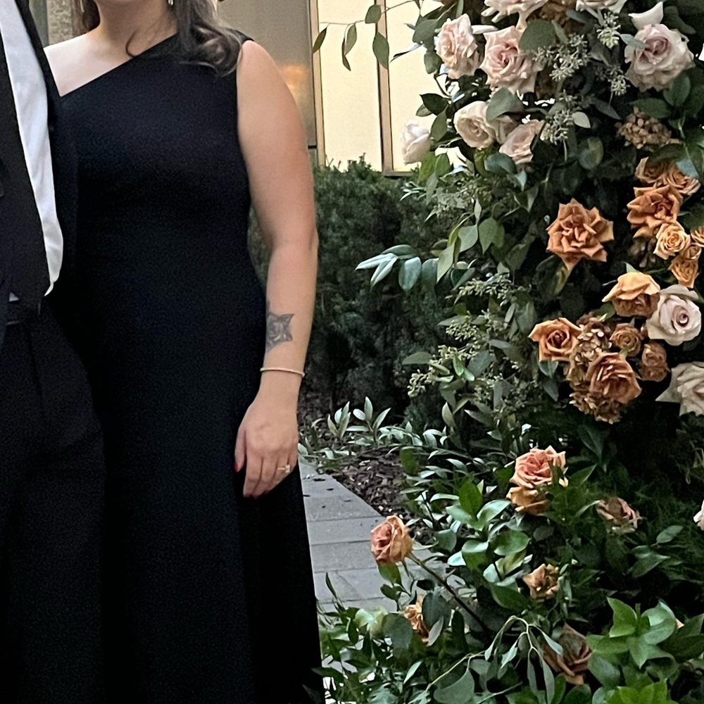 Long black elegant dress with slit on side one shoulder